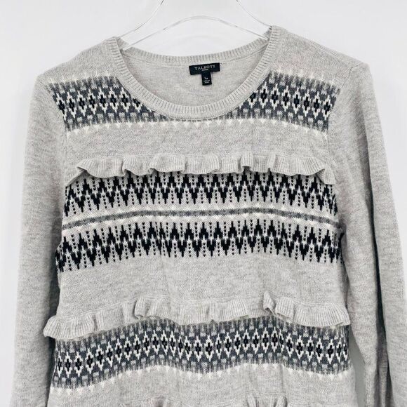 Talbots Petites Size Large Gray Fair Aisle Ruffled Lambswool Crewneck Sweater - Picture 2 of 7